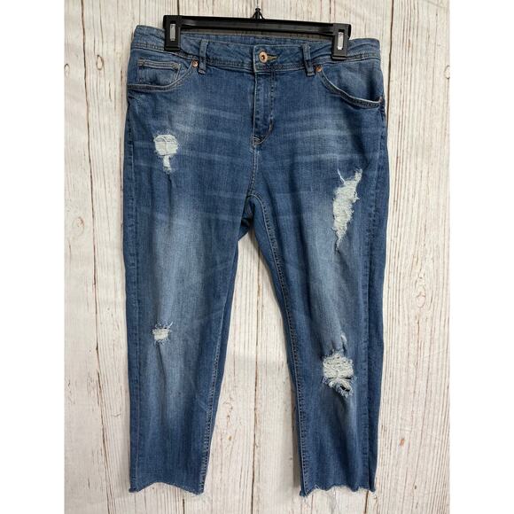 HM Ripped Cropped Jeans Womens Size 10 Blue Denim Raw Hem Mid Rise Cotton Blend - Picture 1 of 6